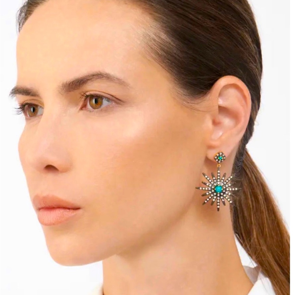 14K Yellow Gold Plated Turquoise & Swarovski Crystal Starburst Earrings *NEW*